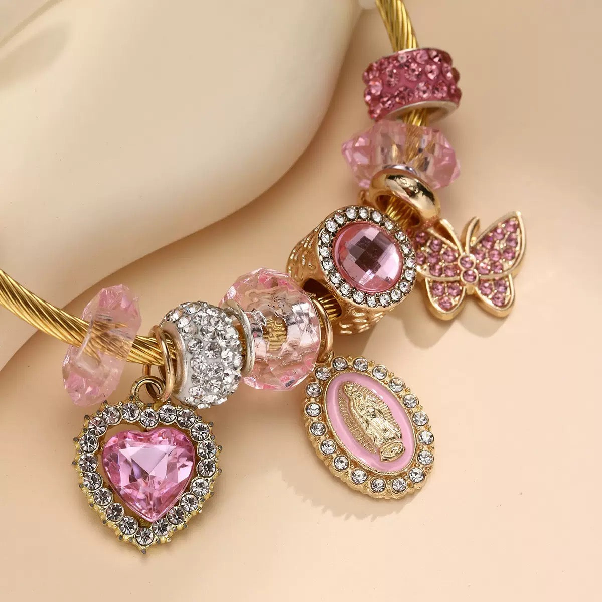 Golden Pink Charm Bracelet with Heart, Butterfly & Crystal Beads – 55mm
