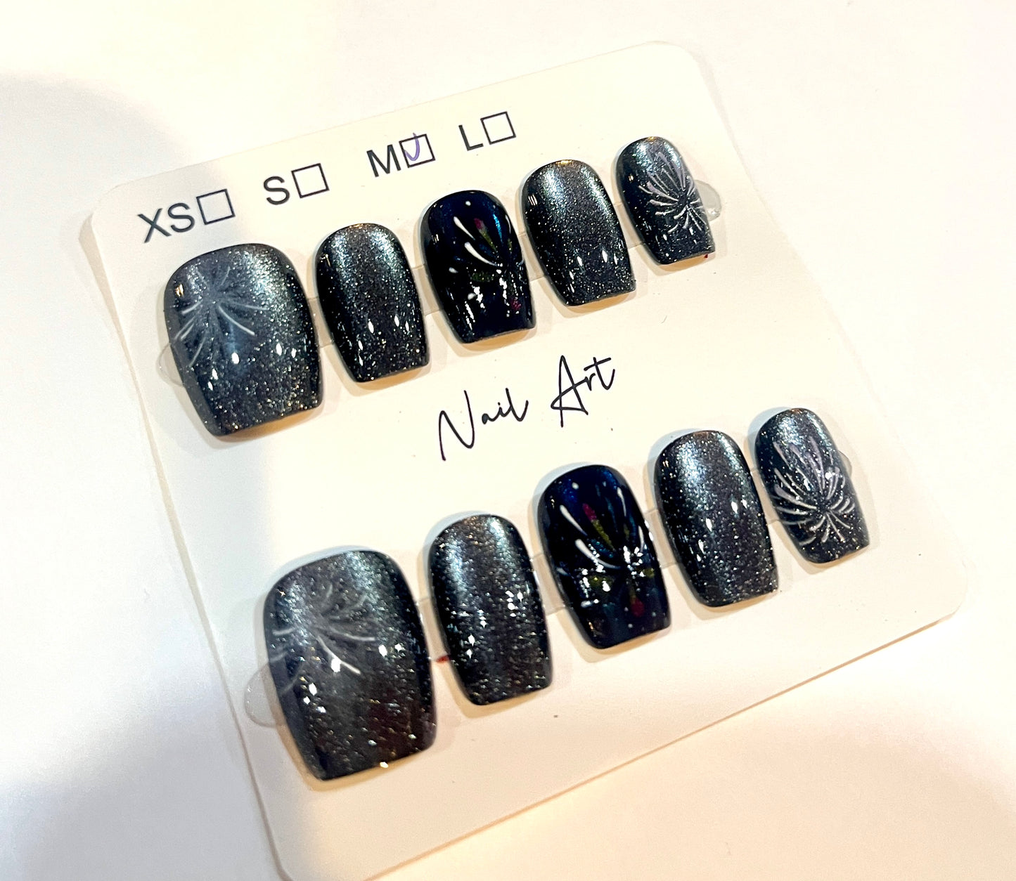 Black Galaxy Press-On Nails with Silver Floral Design – Medium Size