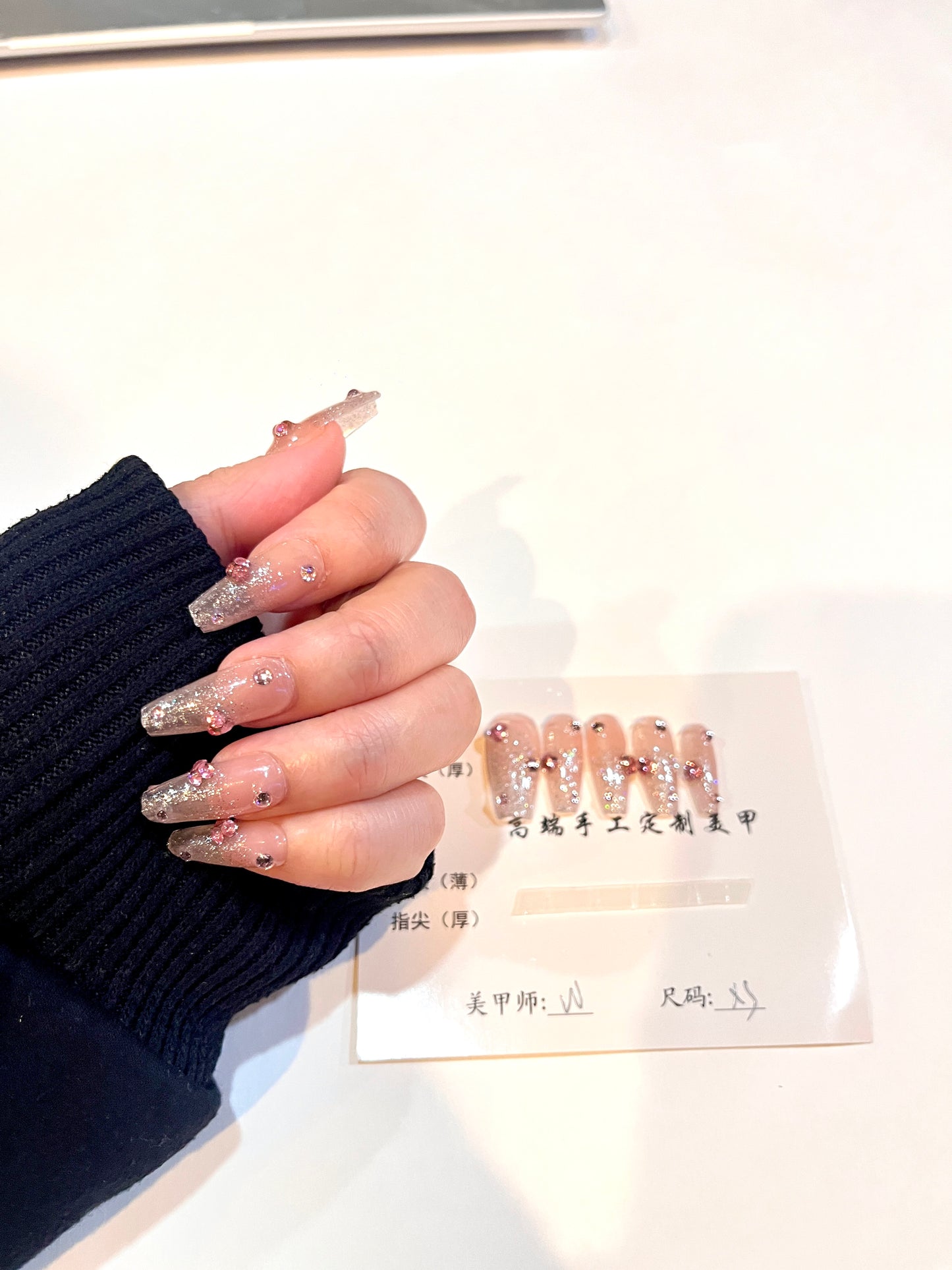 Glitter Ombre Rhinestone Press-On Nails – Long Square Shape (Size XS)