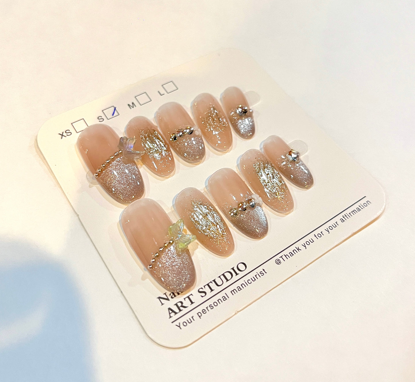 Luxury Nude Glitter Press-On Nails with 3D Bow & Gold Foil – Reusable Handmade Nail Set