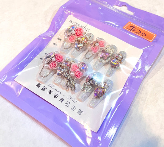“Crystal Garden Party” Glitter Floral Press-On Nails