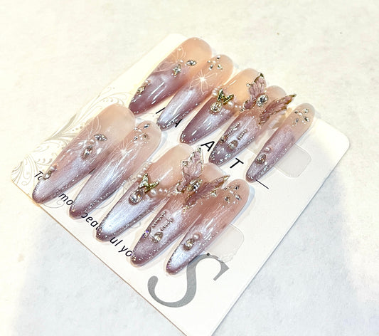 “Blushing Enchantment” Shimmer Ombre Butterfly Nails