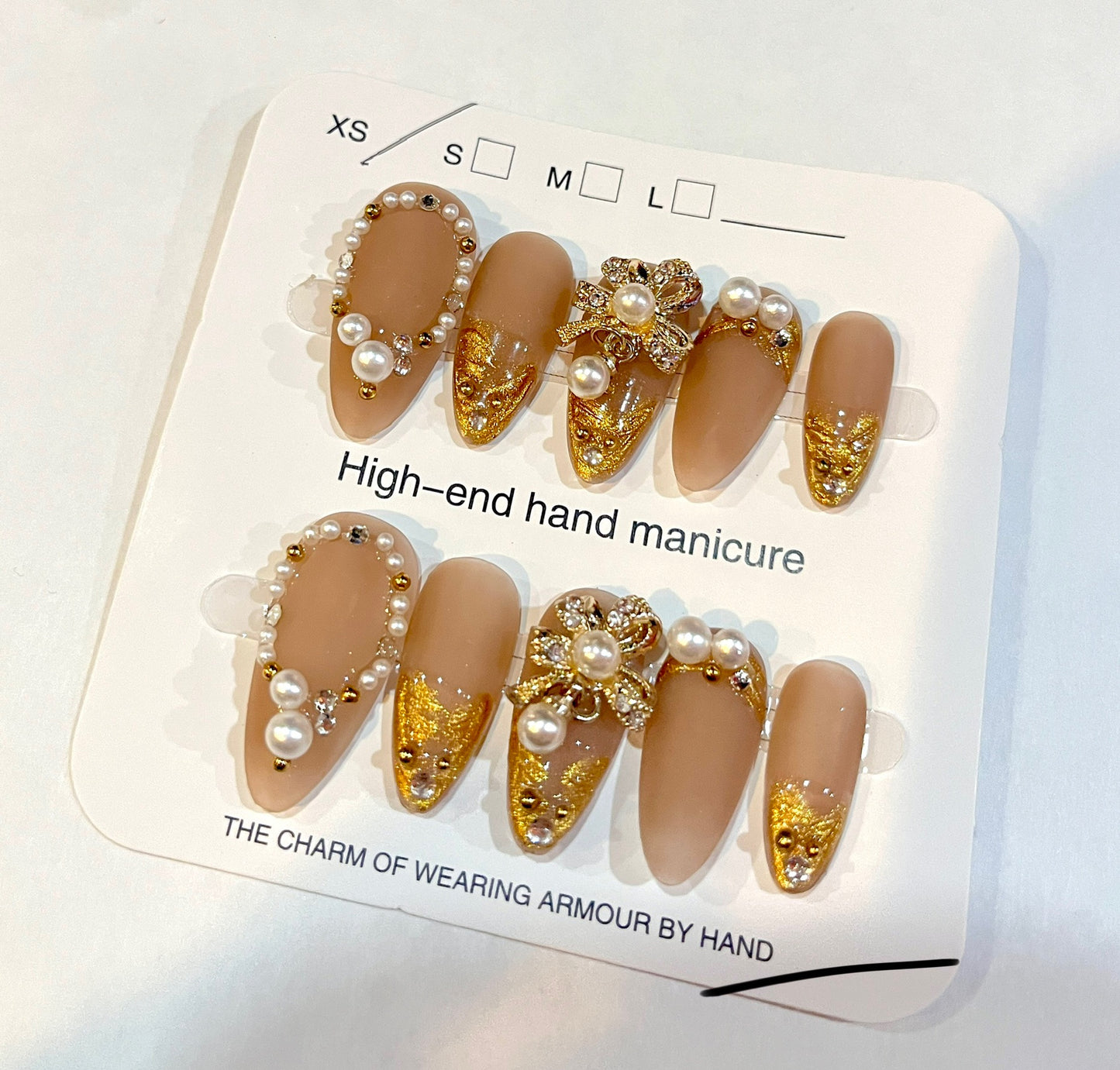 Luxury Nude & Gold Pearl Press-On Nails – XS Size