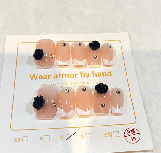 Black Rose French Tip Press-On Nails – 10 Pcs Medium Set with Rhinestones