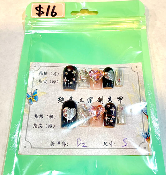 3D Pink Heart Crystal & Starry Butterfly False Nails S Size