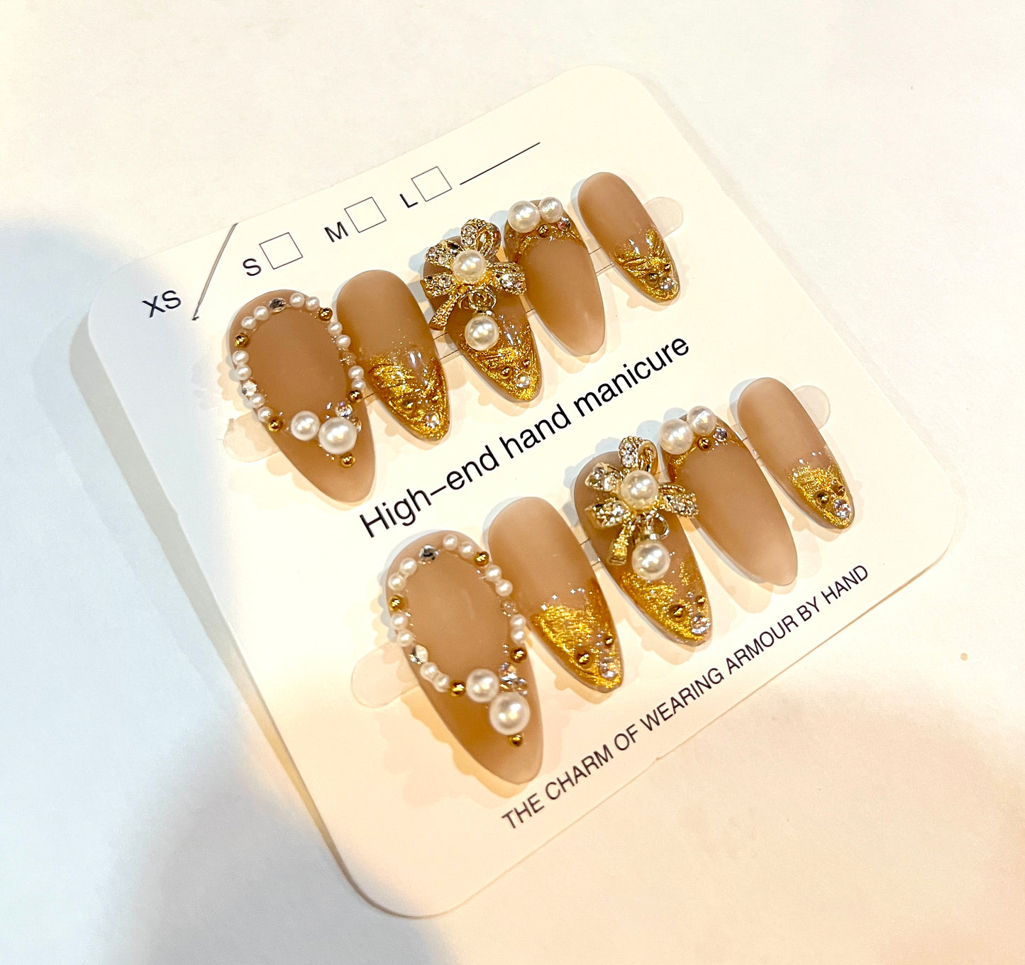 Luxury Nude & Gold Pearl Press-On Nails – XS Size