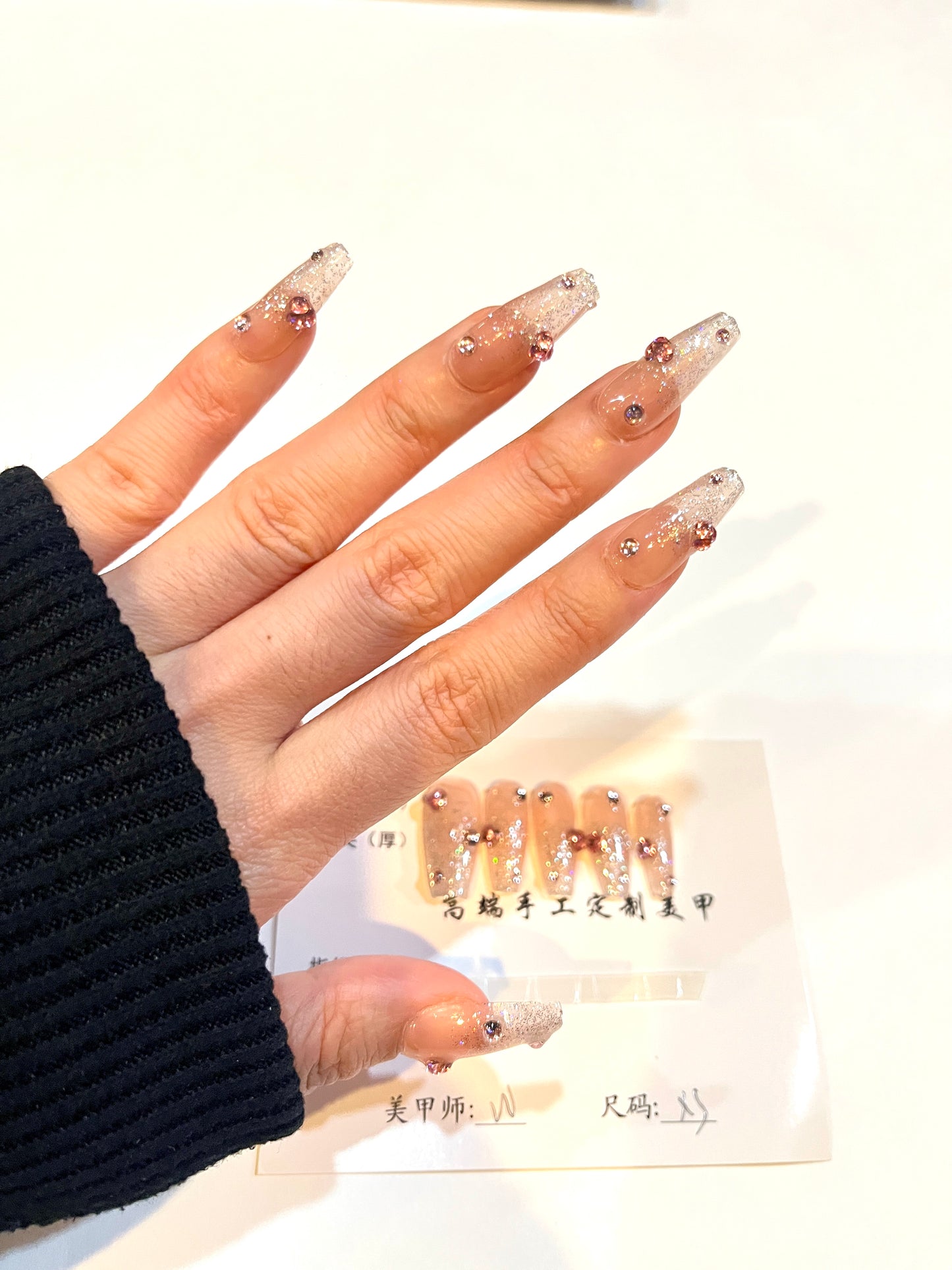 Glitter Ombre Rhinestone Press-On Nails – Long Square Shape (Size XS)