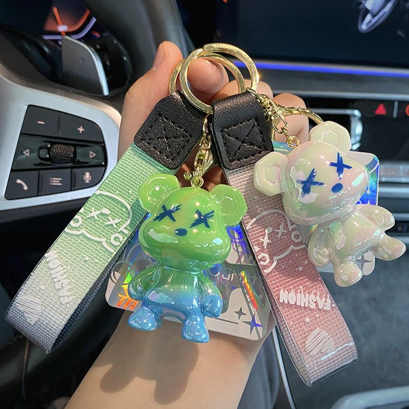 Rainbow Gradient Bear Keychain – Cute Glossy Cartoon Lanyard Charm for Bags & Keys