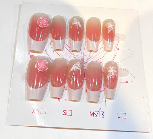 Blush Rose Gradient Press-On Nails – Nude Pink Floral Set(Med Size)