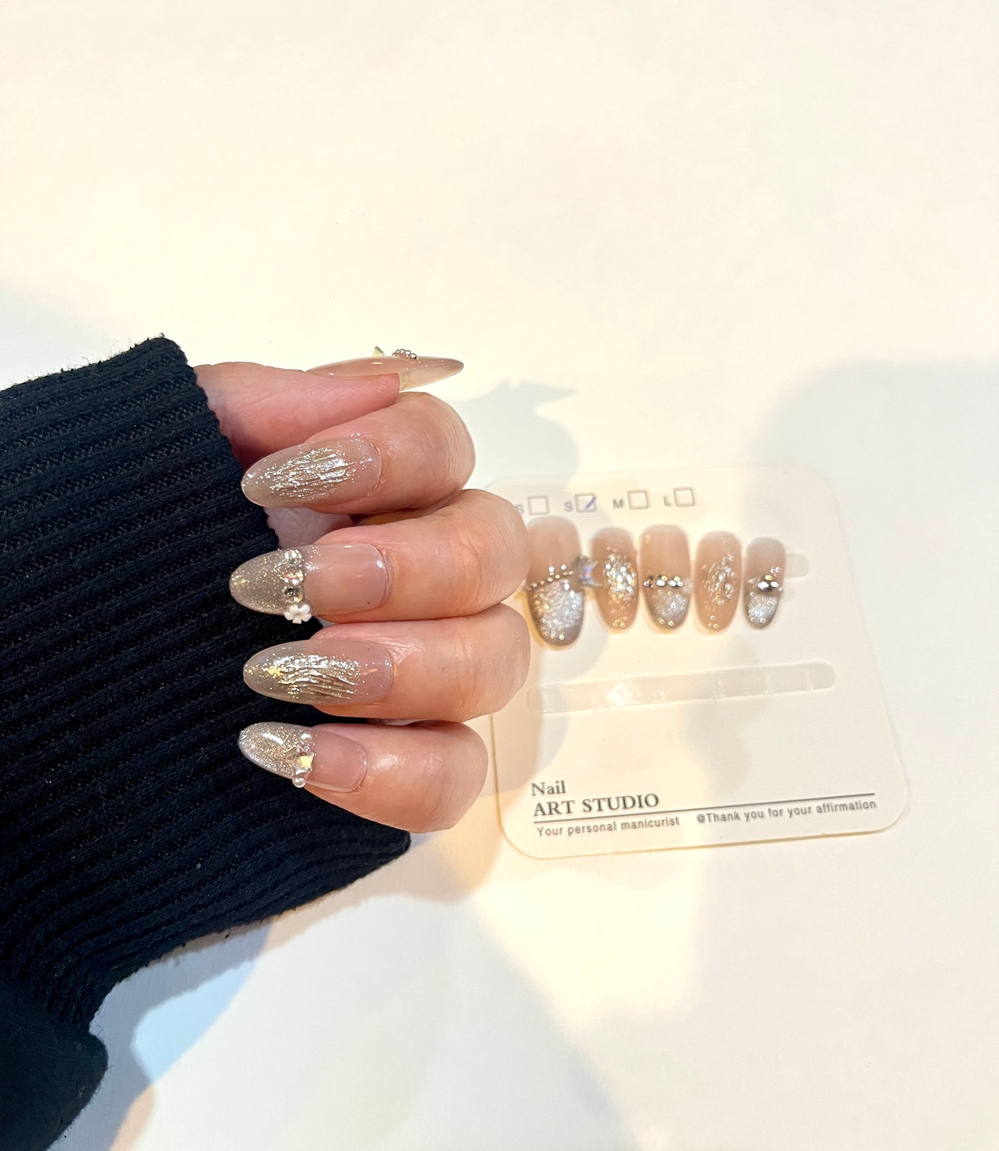 Luxury Nude Glitter Press-On Nails with 3D Bow & Gold Foil – Reusable Handmade Nail Set