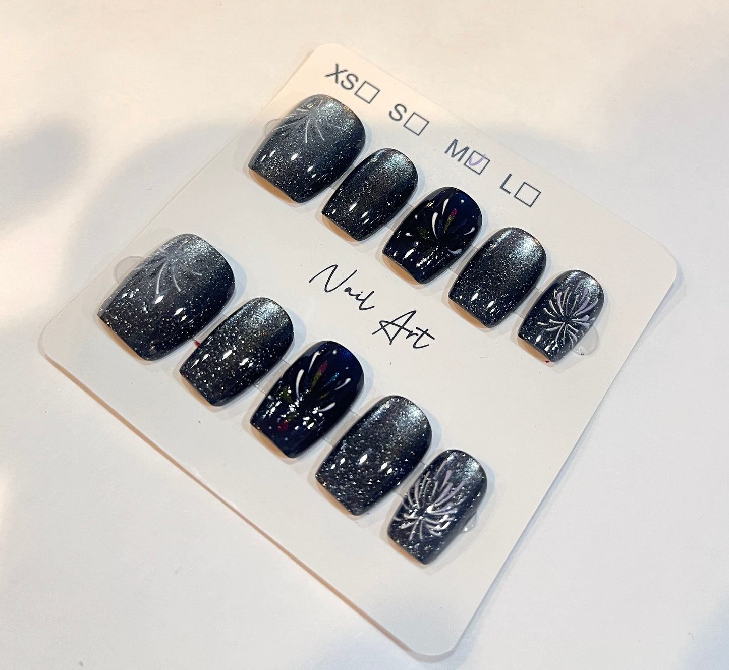 Black Galaxy Press-On Nails with Silver Floral Design – Medium Size