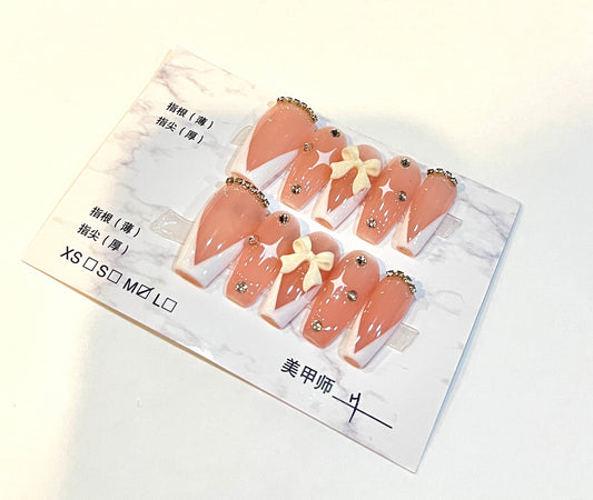French Tip Bow – Medium Square Shape with Rhinestones (Size M)