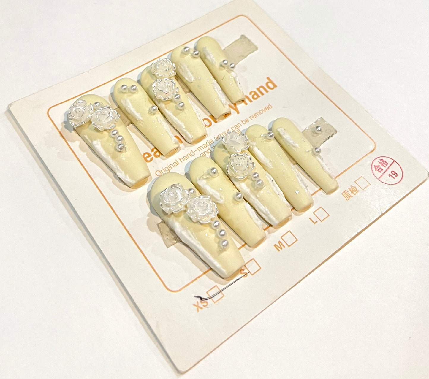 XS Size – Bridal Cream Press-On Nails | Long Coffin Style with 3D Roses & Pearl Accents
