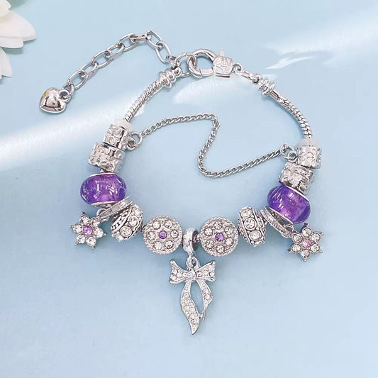 Purple Charm Bracelet – Crystal Bow & Star Beads