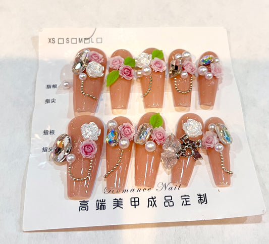 Rose Garden Romance 3D Floral Press-On Nails Medium Size