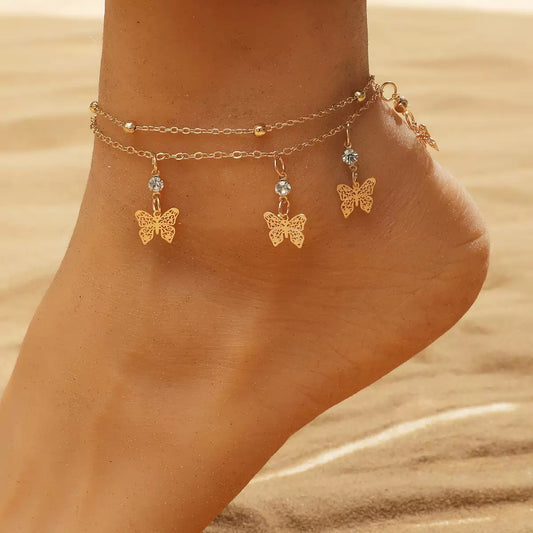 Gold Butterfly Charm Anklet – Dainty Layered Design