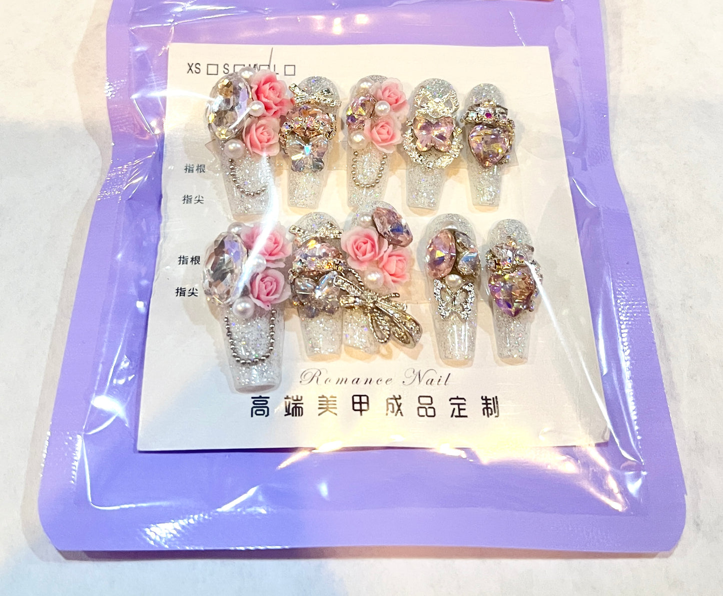 “Crystal Garden Party” Glitter Floral Press-On Nails