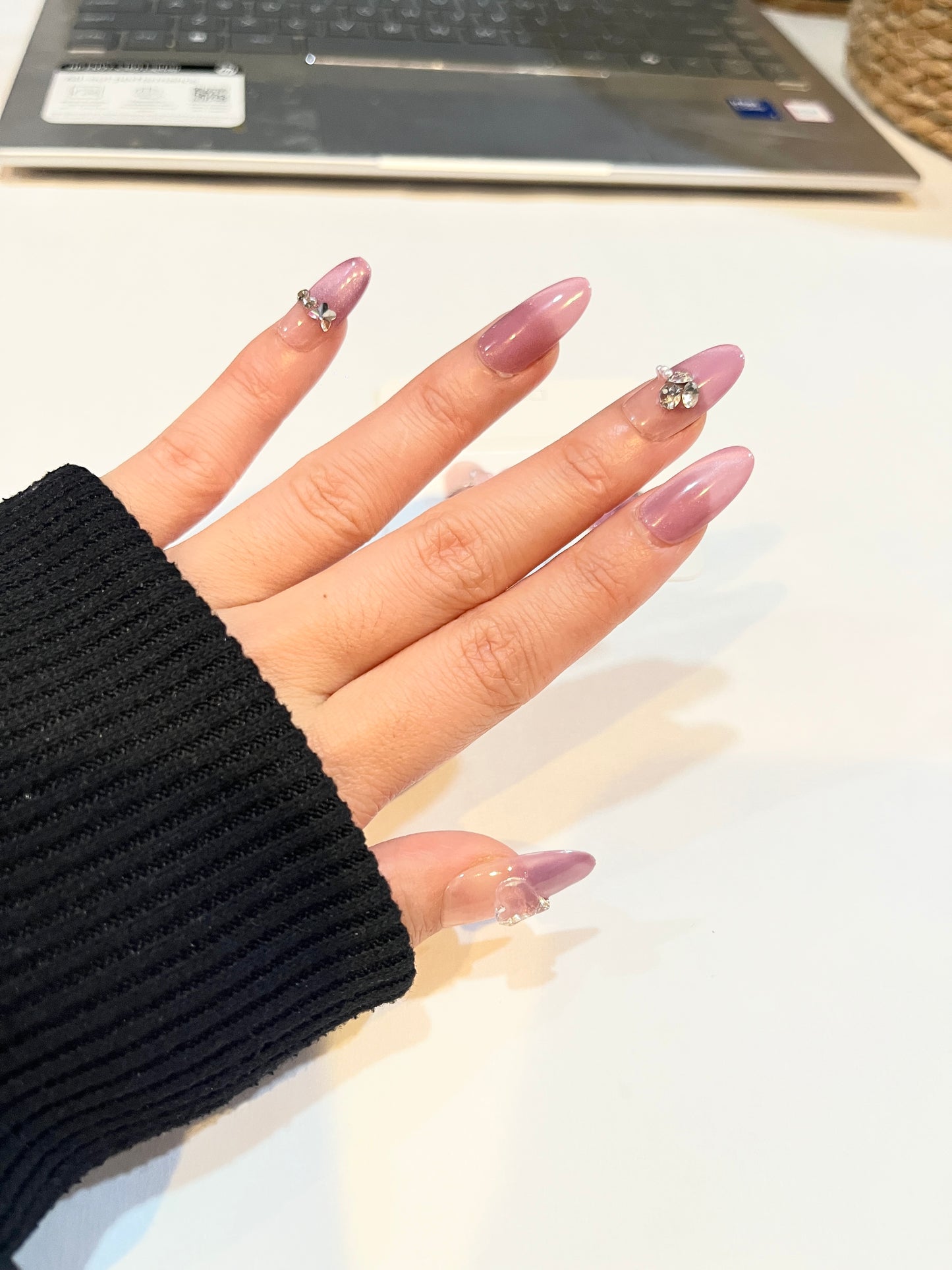 Fairy Crystal Press-On Nails – Pink Lavender Ombre with Charms(S Size)