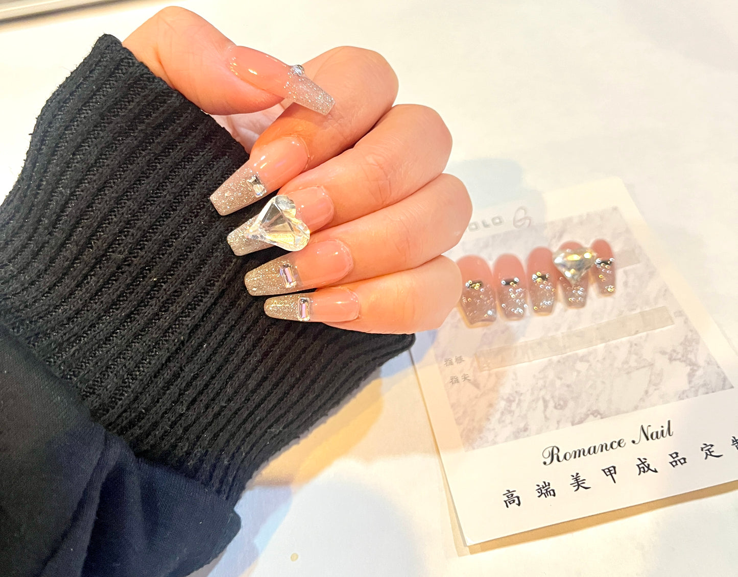 Pink Glitter Heart Diamond Press-On Nails – XS Size