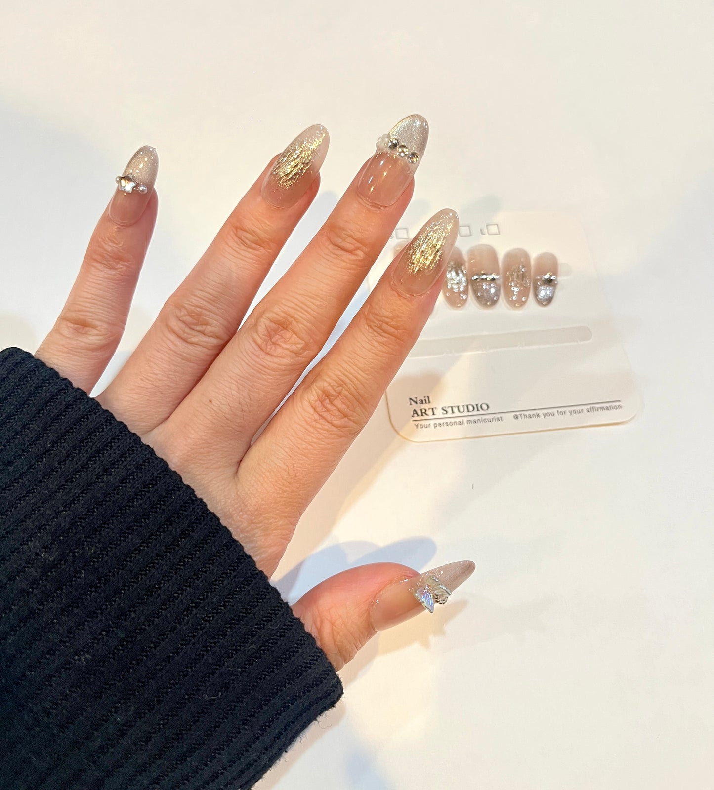 Luxury Nude Glitter Press-On Nails with 3D Bow & Gold Foil – Reusable Handmade Nail Set