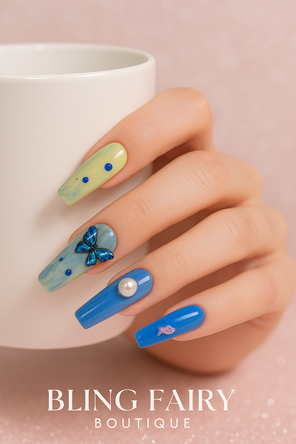 Ocean Mirage – Abstract Blue & Lime Press-On Nails with Butterflies & Pearls