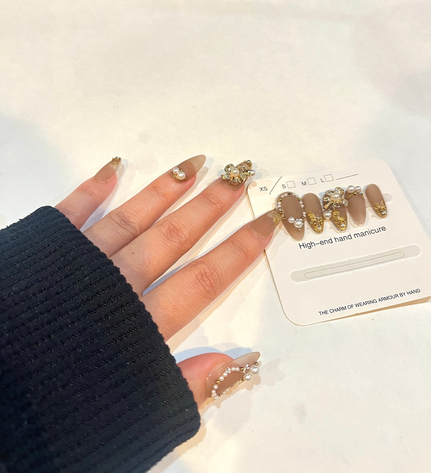 Luxury Nude & Gold Pearl Press-On Nails – XS Size