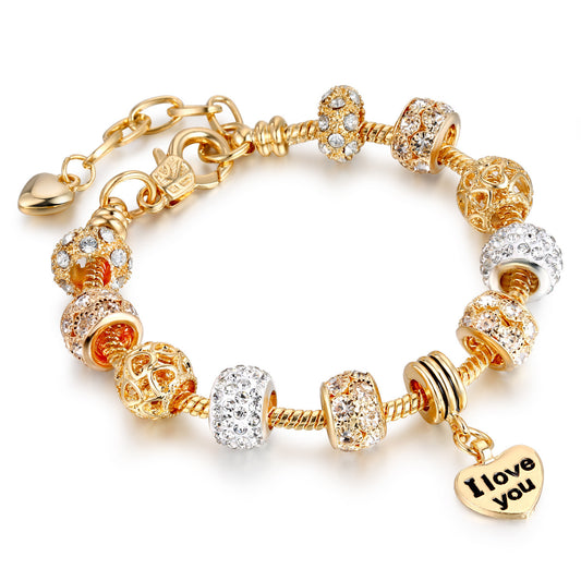 Gold Charm Bracelet – “I Love You” Heart & Crystal Beads