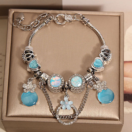 Icy Blue Princess Bracelet – Heart Charms & Crystal Flowers
