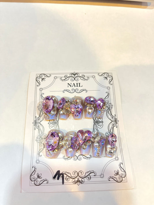 Purple Crystal Press-On Nails – Glam Princess Vibes Lilac Luxury Bridal Nails – Crystal & Pearl Press-On Set