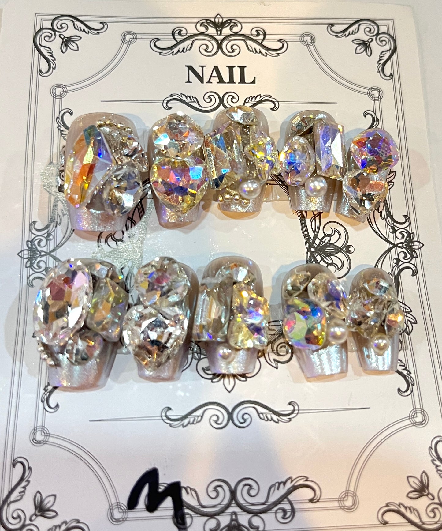 Iridescent Pearl White Press-On Nails – Crystal Bridal Glow Set