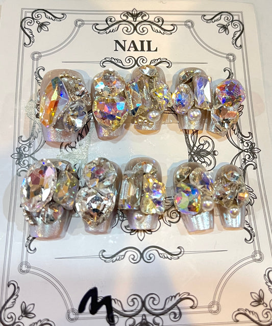 Iridescent Pearl White Press-On Nails – Crystal Bridal Glow Set