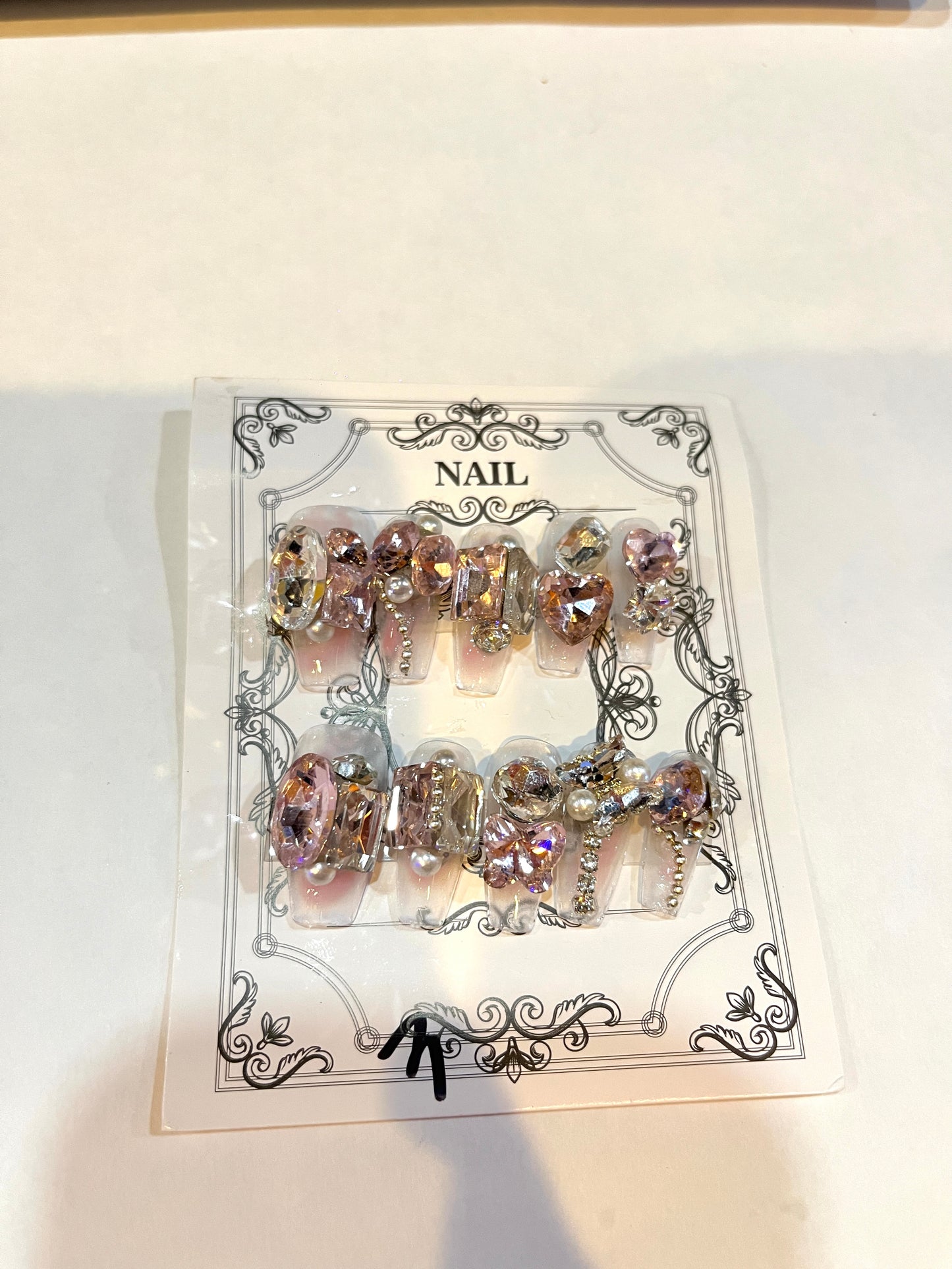 Luxury Nude Pink Press‑On Nails with 3D Gems, Pearls & Chains