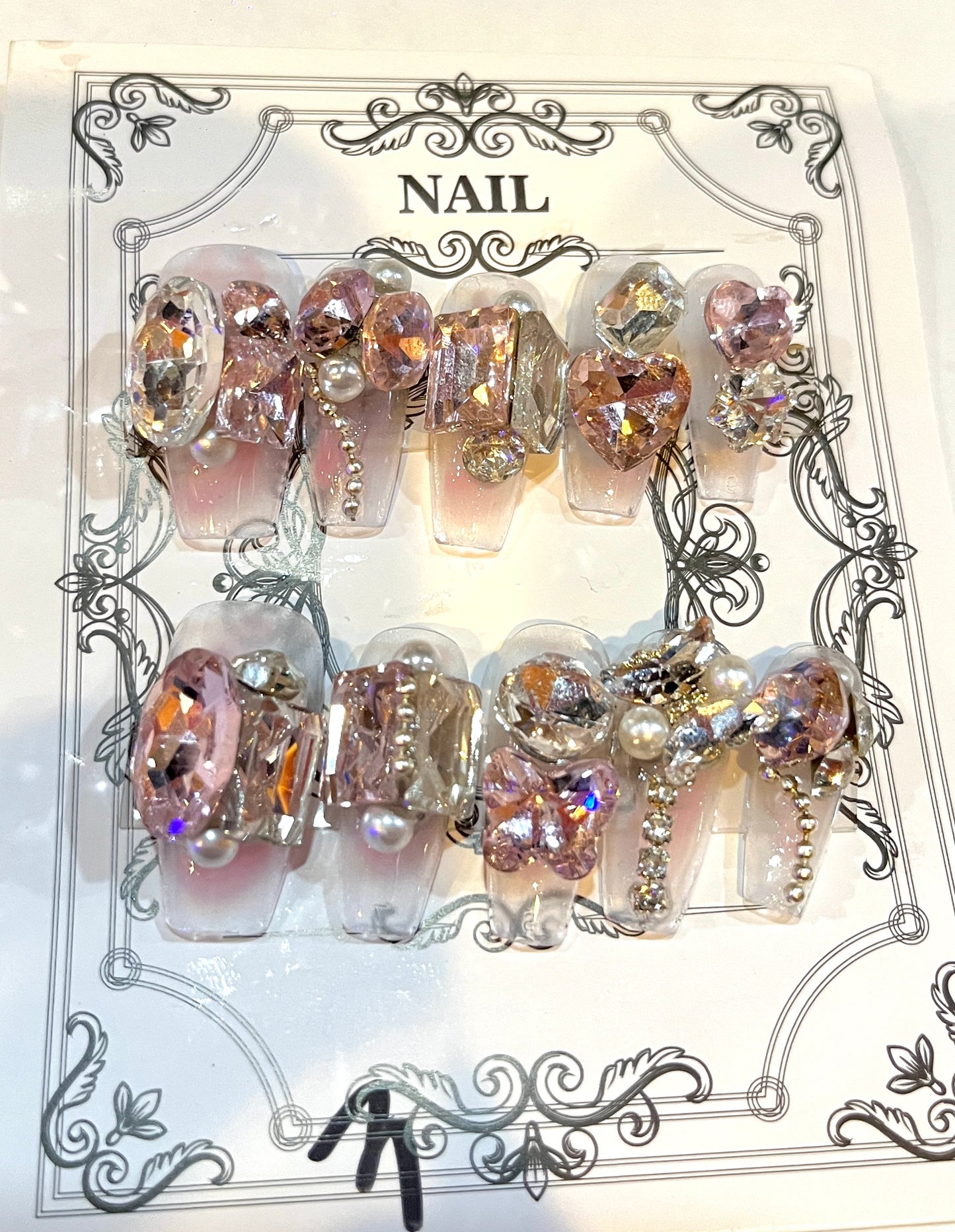 Luxury Nude Pink Press‑On Nails with 3D Gems, Pearls & Chains