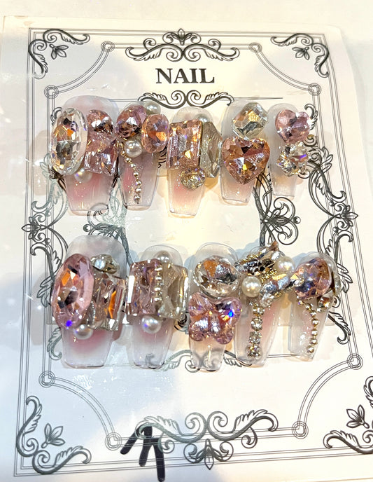 Luxury Nude Pink Press‑On Nails with 3D Gems, Pearls & Chains