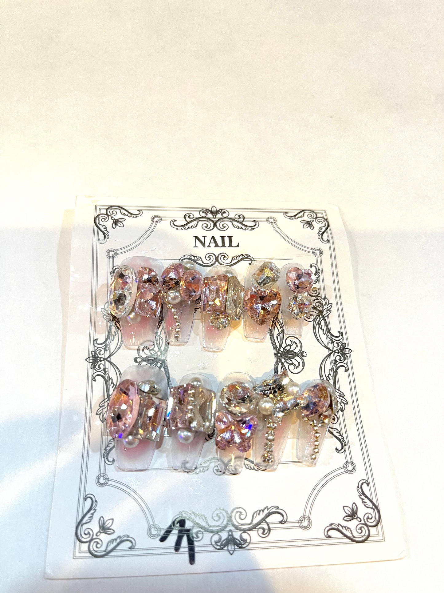 Luxury Nude Pink Press‑On Nails with 3D Gems, Pearls & Chains
