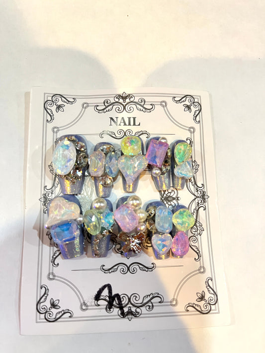 Galaxy Opal Press-On Nails – Iridescent Crystal & Pearl Set