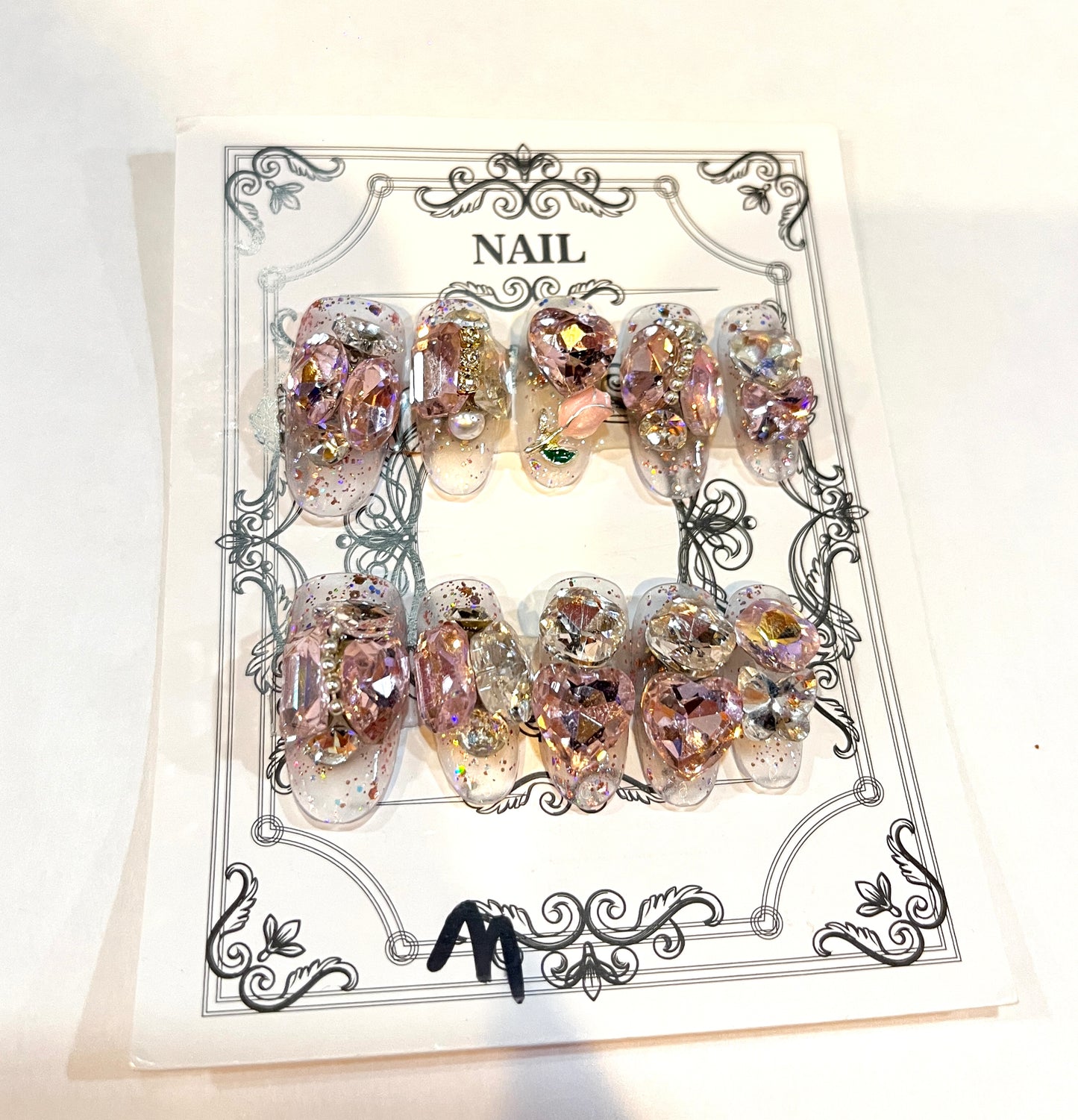 Elegant Nude Pink Press-On Nails with Sparkling Crystals & Glitter Accents