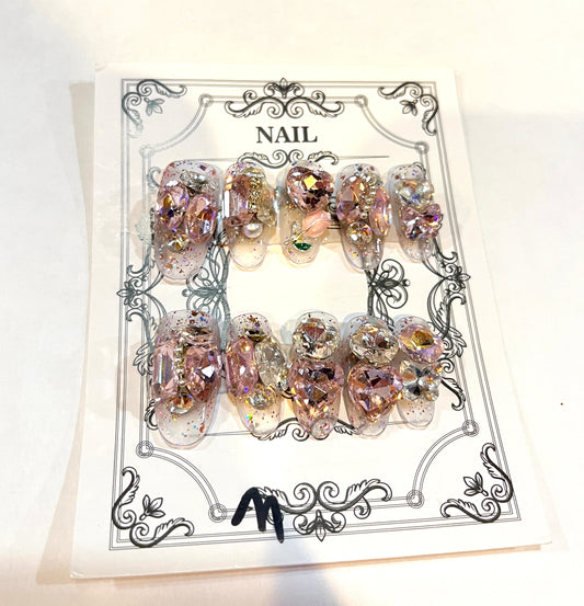 Elegant Nude Pink Press-On Nails with Sparkling Crystals & Glitter Accents