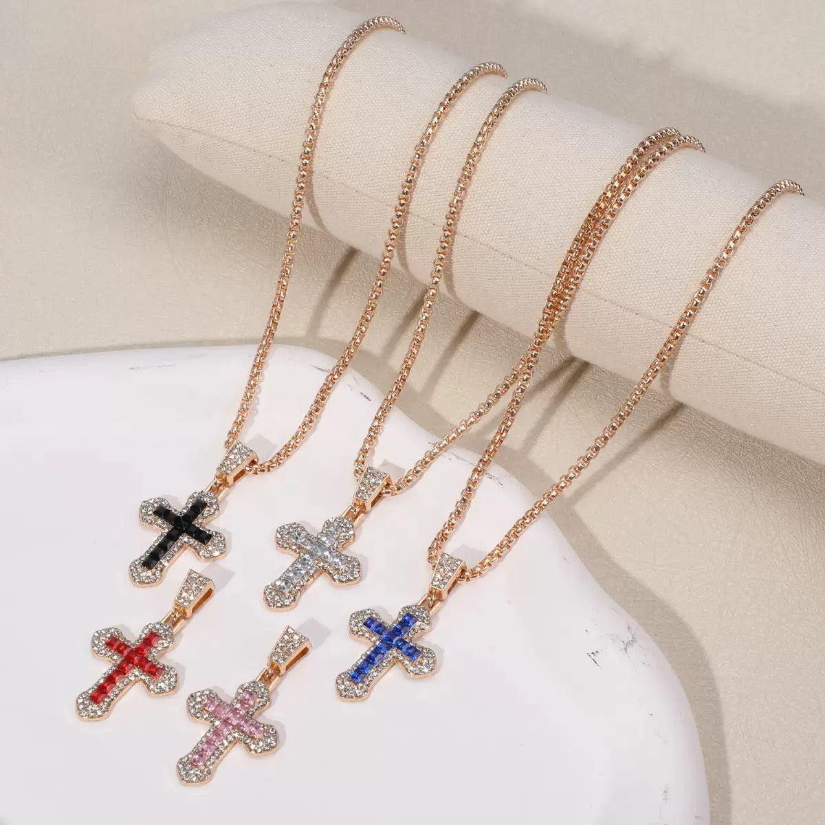 Colorful Cross Pendant Necklace – Gold Chain with Crystal Inlay