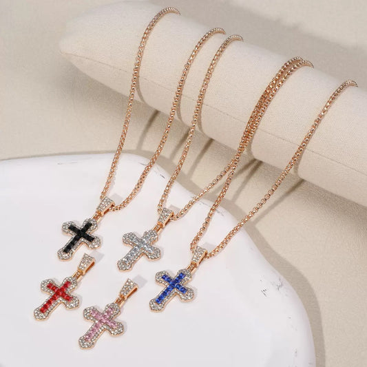 Colorful Cross Pendant Necklace – Gold Chain with Crystal Inlay