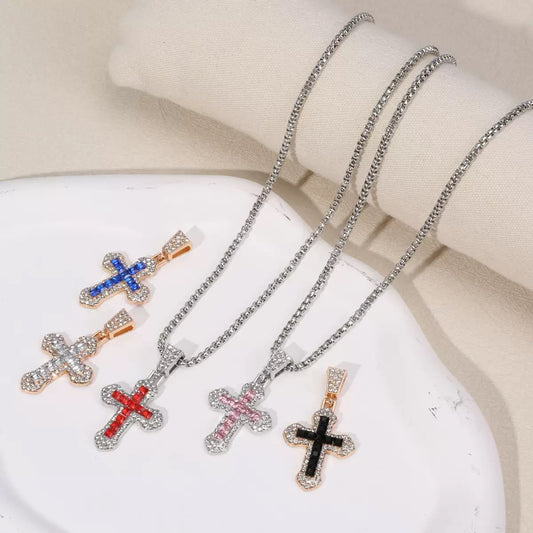 Silver Iced Cross Necklace – Crystal Pendant with Rhinestone Detailing