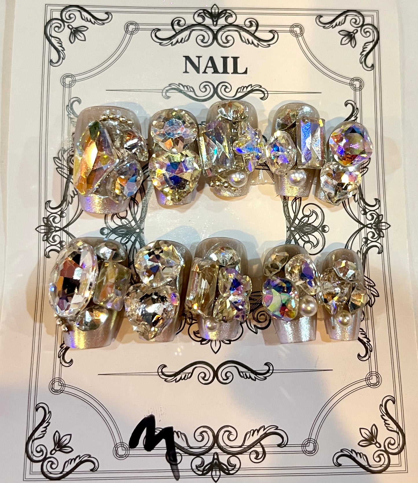 Iridescent Pearl White Press-On Nails – Crystal Bridal Glow Set