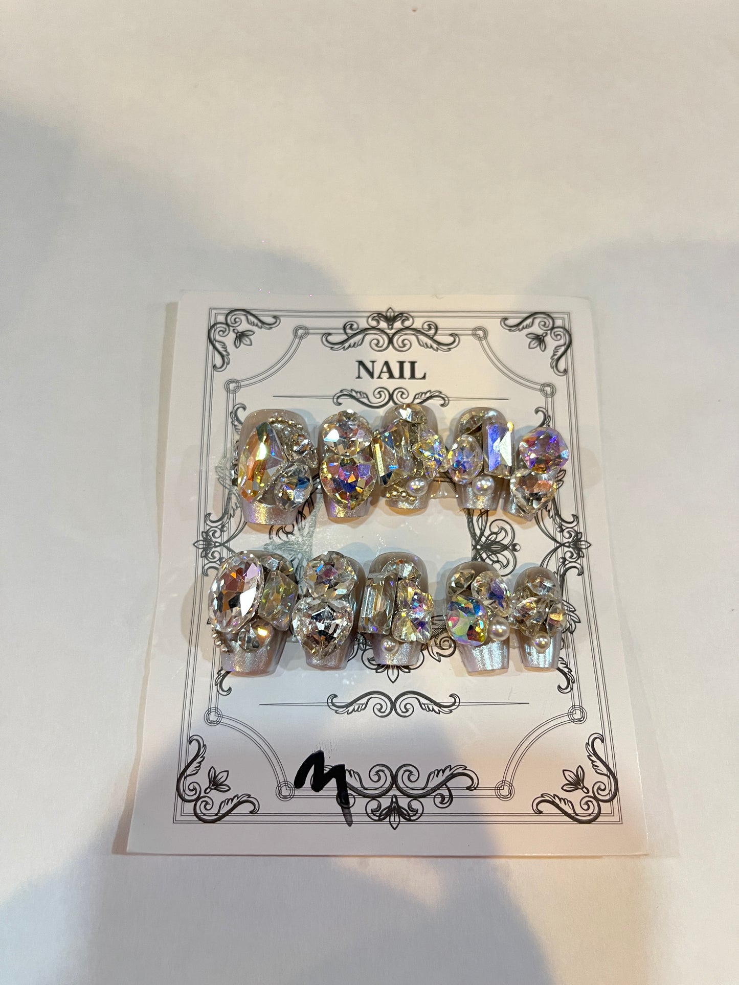 Iridescent Pearl White Press-On Nails – Crystal Bridal Glow Set