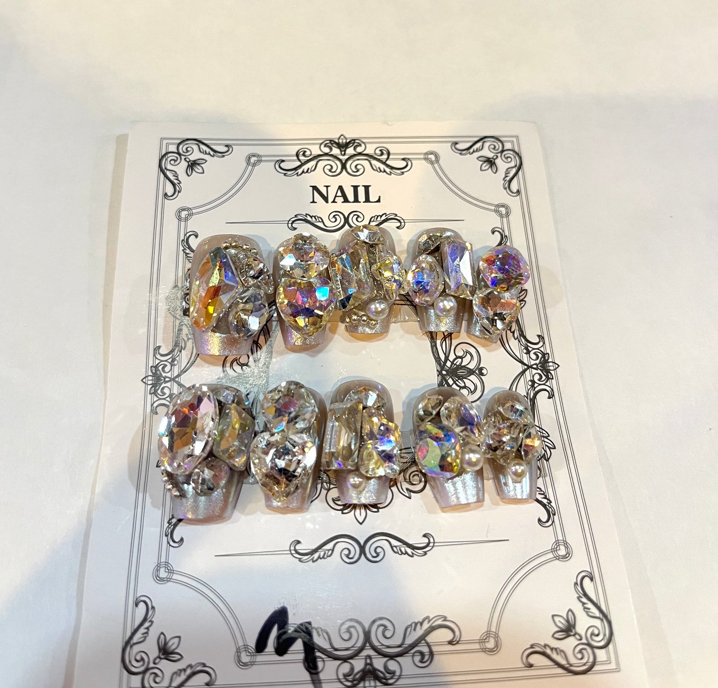 Iridescent Pearl White Press-On Nails – Crystal Bridal Glow Set