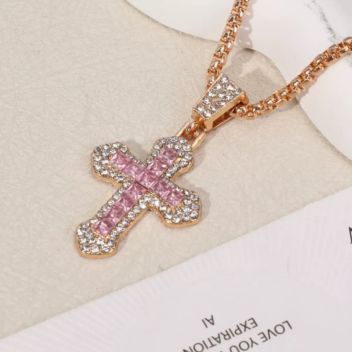 Colorful Cross Pendant Necklace – Gold Chain with Crystal Inlay