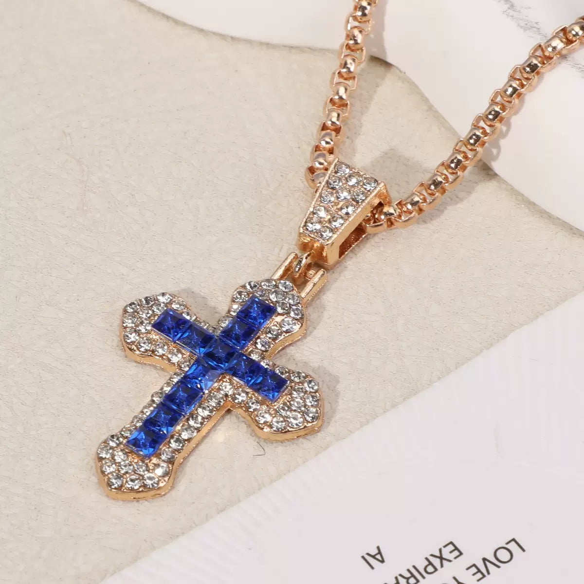 Colorful Cross Pendant Necklace – Gold Chain with Crystal Inlay