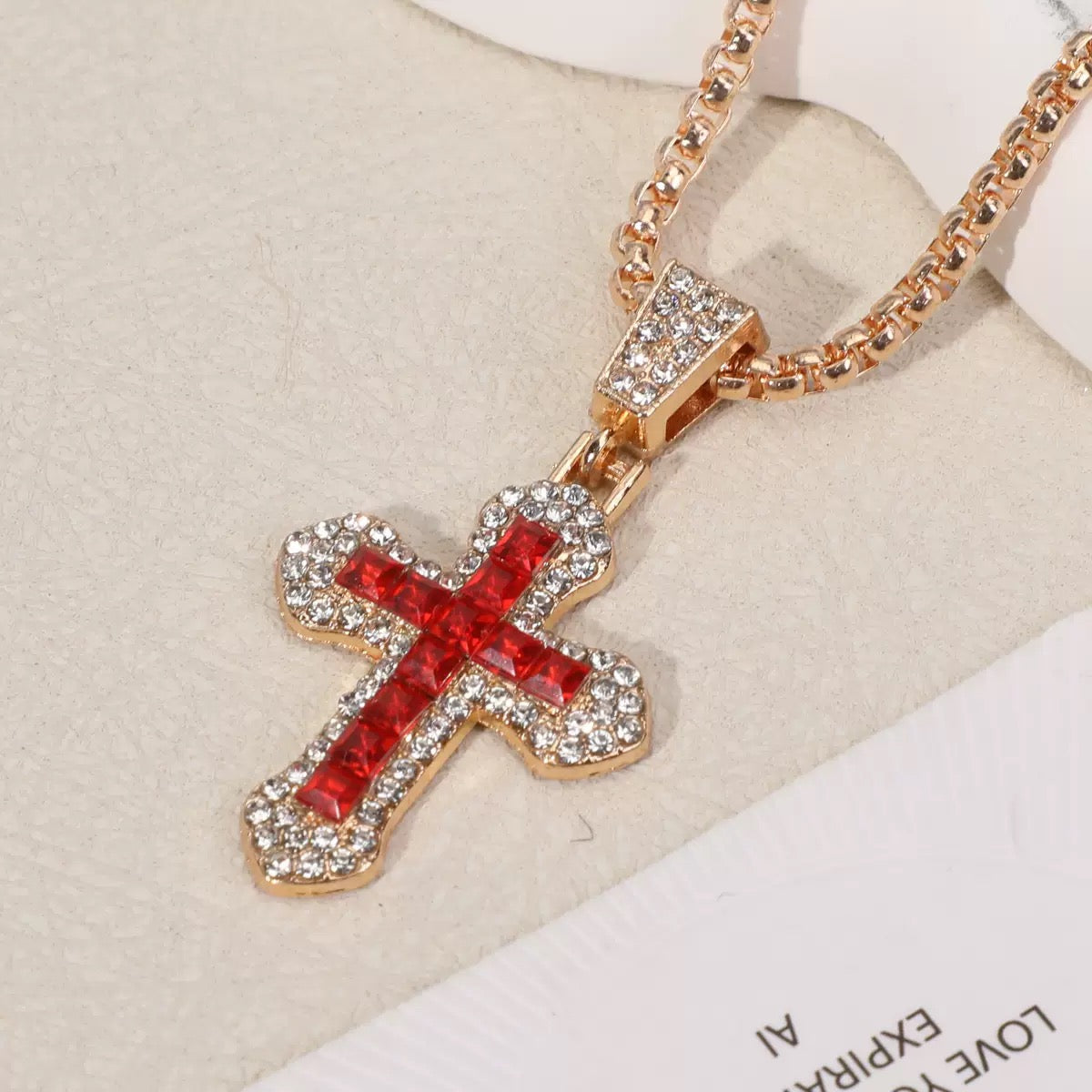 Colorful Cross Pendant Necklace – Gold Chain with Crystal Inlay