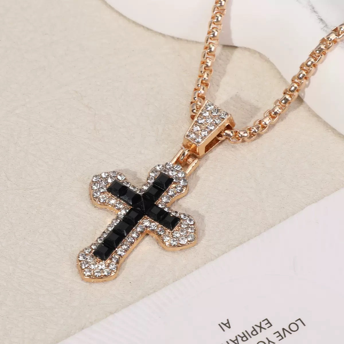 Colorful Cross Pendant Necklace – Gold Chain with Crystal Inlay