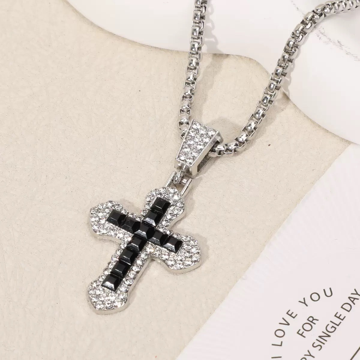 Silver Iced Cross Necklace – Crystal Pendant with Rhinestone Detailing