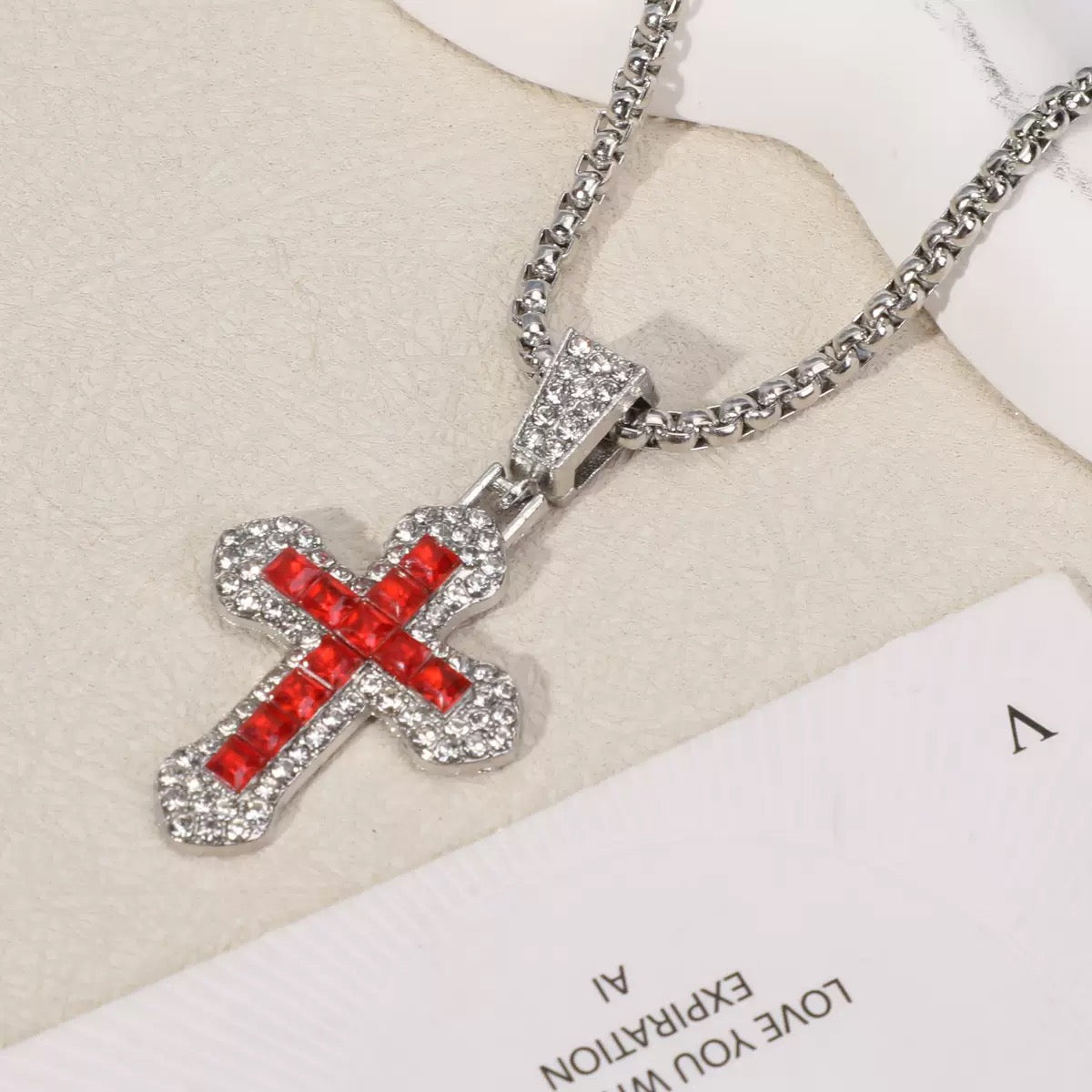 Silver Iced Cross Necklace – Crystal Pendant with Rhinestone Detailing
